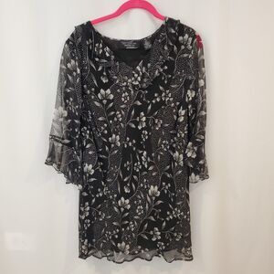 Dark Floral Beaded Silk Top 16W Ruffle neck Bell Sleeve Whimsigoth Fairy Grunge